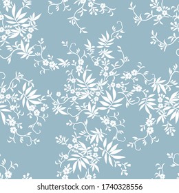 all over white small flowers with leaves pattern on blue background