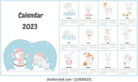 All pages of the calendar for 2023 with a cute rabbit character, the Chinese symbol of the year. A set of illustrations with a children's character in pastel colors. Vector on a white background