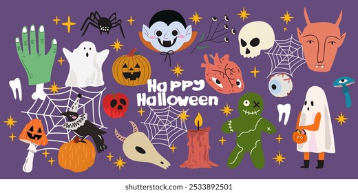 Toda la parafernalia para celebrar la fiesta de los muertos. Pegatinas de Halloween retro de dibujos animados. Juego de Vector groovy aterrador. Elementos espeluznantes para scrapbooking, tarjetas y carteles