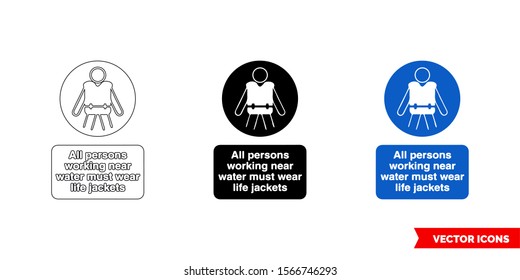 All persons working near water wear life jackets icon of 3 types: color, black and white, outline. Isolated vector sign symbol.
