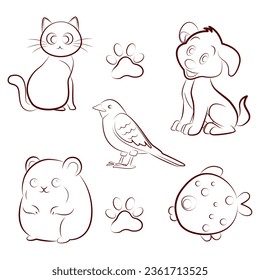 all pet line character set vector illustration hand drawn