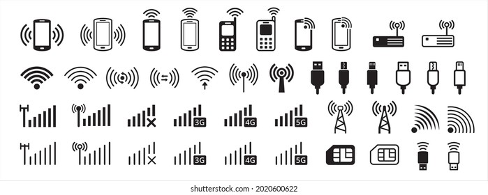 All Phone Wireless Internet Data Connection Vector Icon Set. Contains Icon As Wifi, Tethering, Data Transfer, Modulator Demodulator, Modem, Near Field Communication, Usb. Universal Serial Bus