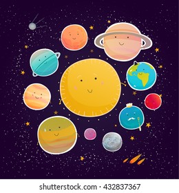 All the planets on dark background around the sun. Vector illustration.