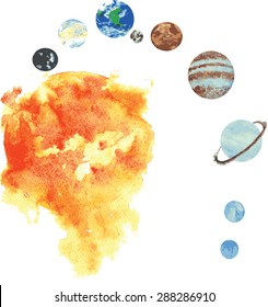 all the planets of the solar system , hand -drawn watercolor - Sun, Mercury , Venus, Earth and its companion moon , Mars, Jupiter , Saturn, Uranus , Neptune