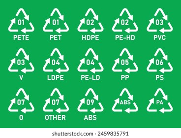 All plastic recycling code icon set. Plastic recycling code symbol icons isolated on green background. Plastic recycling codes- 01 PET, 02 HDPE, 03 PVC, 04 LDPE, 05 PP, 06 PS, 07 OTHER, 09 ABS, PA.