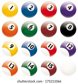 All pool Billiards Balls isolated on white. Change just one global color swatch of bottom reflex to adapt to any background.