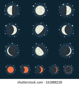 All possible phases of the moon and the lunar eclipse, on a dark star background