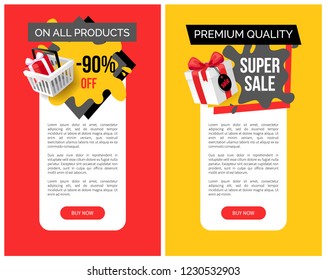 All products sale, discounts on web pages set vector. Posters with text sample, offering and clearance of shops, business advertising. 80 percent lower
