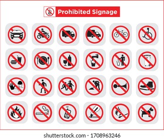 All prohibited signage signs vector with box. Variety color and symbol.