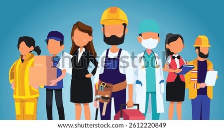 ALL PUBLIC PROFESSIONS AND OFFICE WORKER WITH FLAT STYLE, LABOR DAY