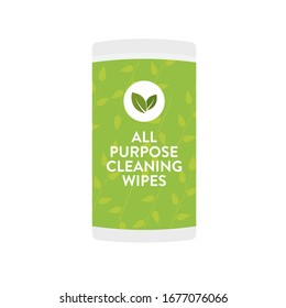 All Purpose Cleaning Wipes Container. Surface Cleaning Wipes. Natural And Organic Leaves. Vector Illustration Background.