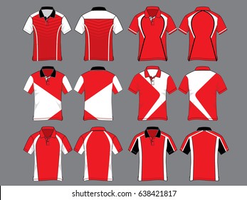 All Red-White-Black Short Sleeve Polo Shirt Design Template on Gray Background, Vector File.