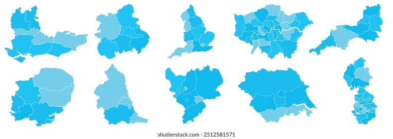 Todas as regiões de England.East Midlands,East of England,London,North East,North West,South East,South West,West Midlands,Yorkshire and the Humber.