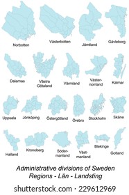 All regions of Sweden with subdivions in blue color.