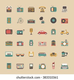 all retro icon set, music, vehicle, game and other technology,  pastel style