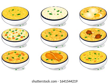 All Rice Dish Like Chicken,egg,Mutton Biryani,Khichdi,Pulao,Fried rice,Veg Biryani Food Vector