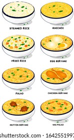 All Rice Dish Like Chicken,egg,Mutton Biryani,Khichdi,Pulao,Fried rice,Veg Biryani Food Vector
