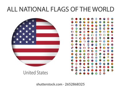 All Round World Flags Icon Set. Shadow and names