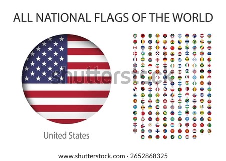 All Round World Flags Icon Set. Shadow and names