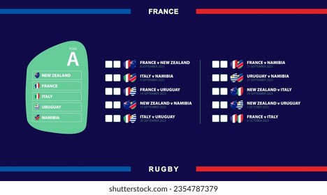 All rugby matches in pool A, flags of participants in international rugby competition in France. Vector illustration.