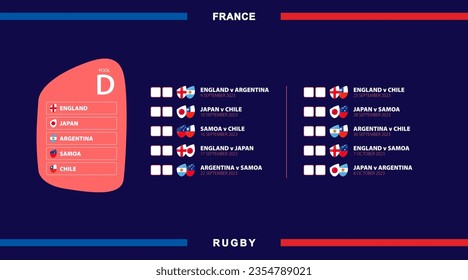 All rugby matches in pool C, flags of participants in international rugby competition in France. Vector illustration.