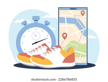 All for running sneakers, stopwatch and route for run application on phone. Smartphone fitness app. Navigation map on screen. Healthy active lifestyle. Cartoon flat illustration. Vector concept