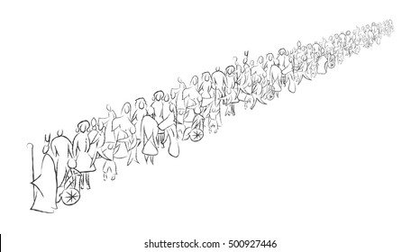All saints abstract artistic illustration, walking in line towards the Heaven. Group or line of people.