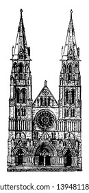 All Saints Cathedral at Albany gothic steeples Cathedral Elk Street vintage line drawing or engraving illustration.