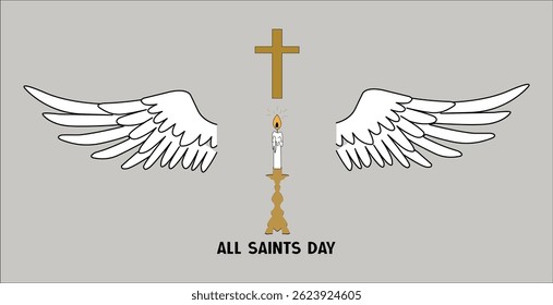 Todos os Santos Dia Anjo Asas com vela e Cruz Ilustração Minimalista