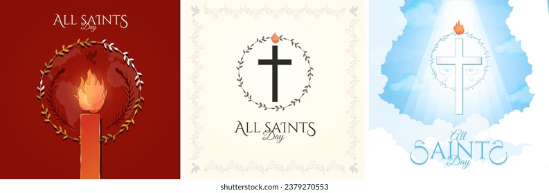 All Saints' Day Artwork Poster Illustrations. Set of All Saint Day Greeting Card Designs. November 1. 3D Red and gold candle with burning fire. Religious Cross symbol. Vector Illustration.