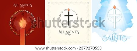 All Saints' Day Artwork Poster Illustrations. Set of All Saint Day Greeting Card Designs. November 1. 3D Red and gold candle with burning fire. Religious Cross symbol. Vector Illustration.