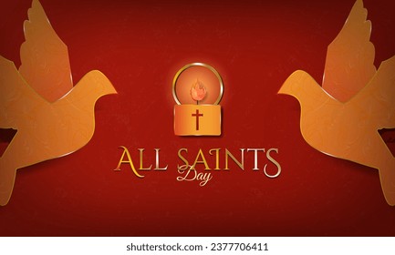 All Saints' Day Greeting card banner. Two holy spirit doves and lit candle with a halo. Gold All Saints day typographic design on red textured background. Celebrated November 1. Vector Illustration