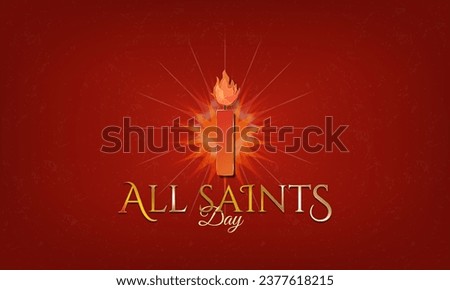 All Saints' Day Greeting card banner. Candlelight with burst of light and gold All Saints day typographic design on red textured background. Celebrated November 1. Vector Illustration