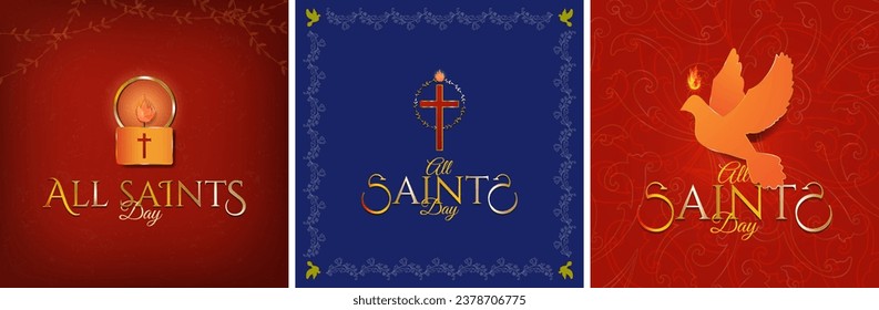 All Saint's Day Greeting Poster Illustrations. Beautiful artistic candle with fire and halo, cross with halo of wreath and fire symbol, holy spirit dove with fire. Vector Illustration.