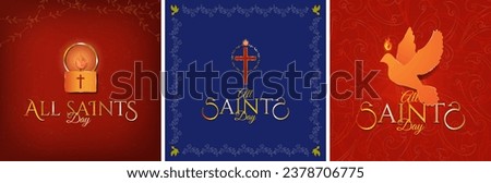 All Saint's Day Greeting Poster Illustrations. Beautiful artistic candle with fire and halo, cross with halo of wreath and fire symbol, holy spirit dove with fire. Vector Illustration.