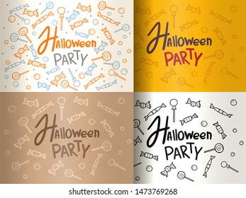 All Saints Day party invitation, halloween poster, candy flyer, doodle drawings around the inscription. Set of vector flat illustrations.