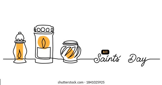 All Saints day simple vector banner, background with candles and lanterns with lights. Single line art illustration with lettering All Saints Day.