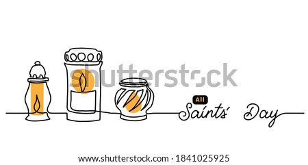 All Saints day simple vector banner, background with candles and lanterns with lights. Single line art illustration with lettering All Saints Day.