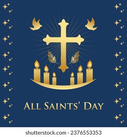 All Saints Day Social Media Post Template. Blue And Gold. Church, Jesus. All saints day Vector 