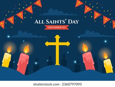 All Saints Day Vector Illustration on 1st November with for the All Souls Remembrance Celebration with Candles in Flat Cartoon Background Design