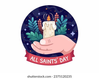 All Saints' Day Vektorgrafik mit einer Hand, die eine heilige Kerze hält, umgeben von zarten Blumen, verkörpert die spirituelle Essenz, strahlt Respekt und Ehre für die Heiligen aus.