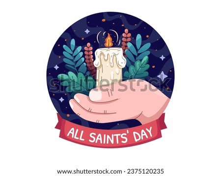 All Saints' Day vector Illustration with A hand holding a sacred candle, encircled by delicate florals, embodies the spiritual essence, radiating respect and honor for the saints.