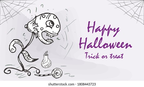 All Saints Eve Halloween Holiday Theme Banner Card Design, Scary Flower Or Mutant Plant, Black And White Contour Illustration