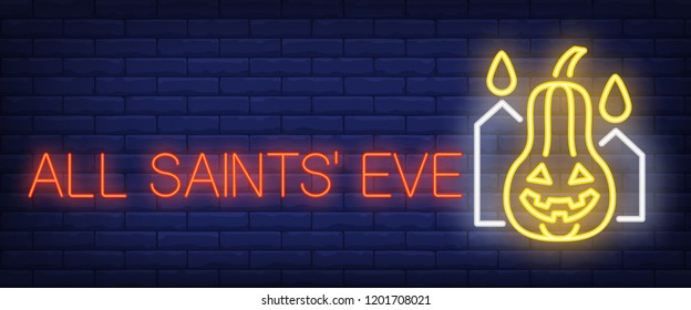 All Saints Eve neon sign. Carved pumpkin and candles on brick wall background. Vector illustration in neon style for Halloween party