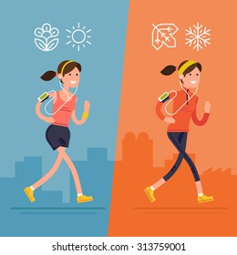 All seasons fitness run vector flat design | Cute young adult woman running in summer or spring warm season and winter or fall cold season clothes outfit with music earphones and smart phone 