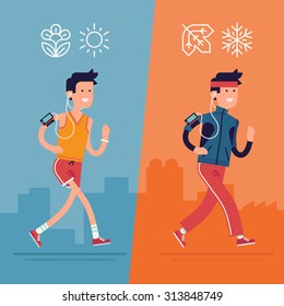 All Seasons Fitness Run Vector Flat Design | Young Adult Man Running In Summer Or Spring Warm Season And Winter Or Fall Cold Season Clothes Outfit With Music Earphones And Smart Phone