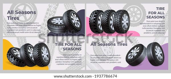 All seasons tire collection of flat banners. New\
car tires on road mark background, vector illustration. Change of\
seasonal tires for wheels, landing page collection. Car maintenance\
service