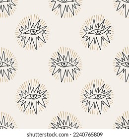 All See Eye spell mystical minimalist magic artistic trendy scribble boho modern vector seamless pattern, soft colors mysticism