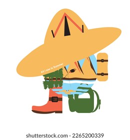 All I see is summer logo. Vector illustration with a hat, tent, backpack, sleeping bag, boot, trees, water, fish, bird, fishing rod, and a blue sky. Outdoor travel. Summertime.