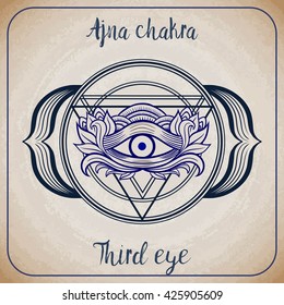 All seeing eye. Ajna chakra. New World Order. Hand-drawn alchemy, religion, spirituality, occultism. Isolated vector illustration. Conspiracy theory. Masonic symbol.